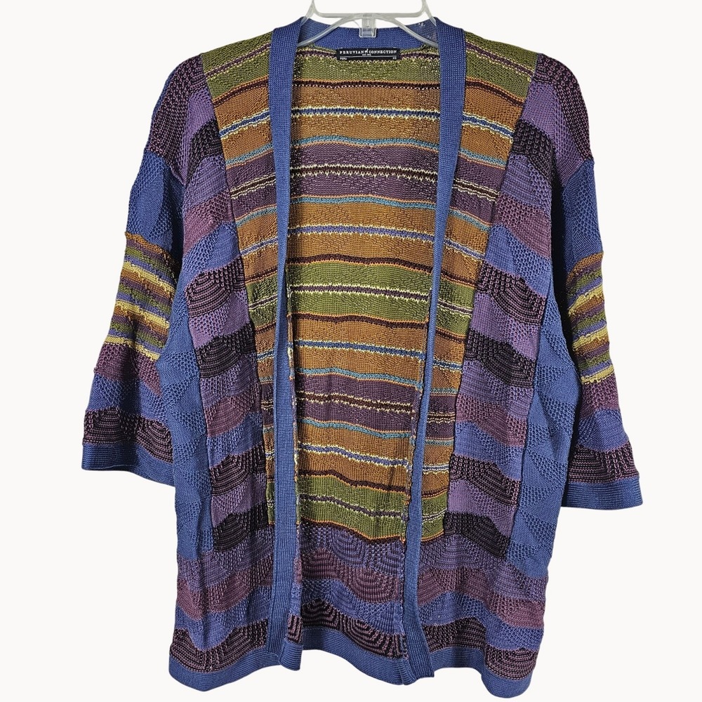 Peruvian Connection Cardigan Sweater Womens XS Blue Multicolor Pima Cotton Knit